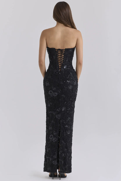 Anisa Black Hand Beaded Embellished Strapless Maxi Dress