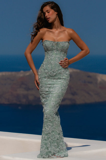Anisa Jade Hand Beaded Embellished Strapless Maxi Dress
