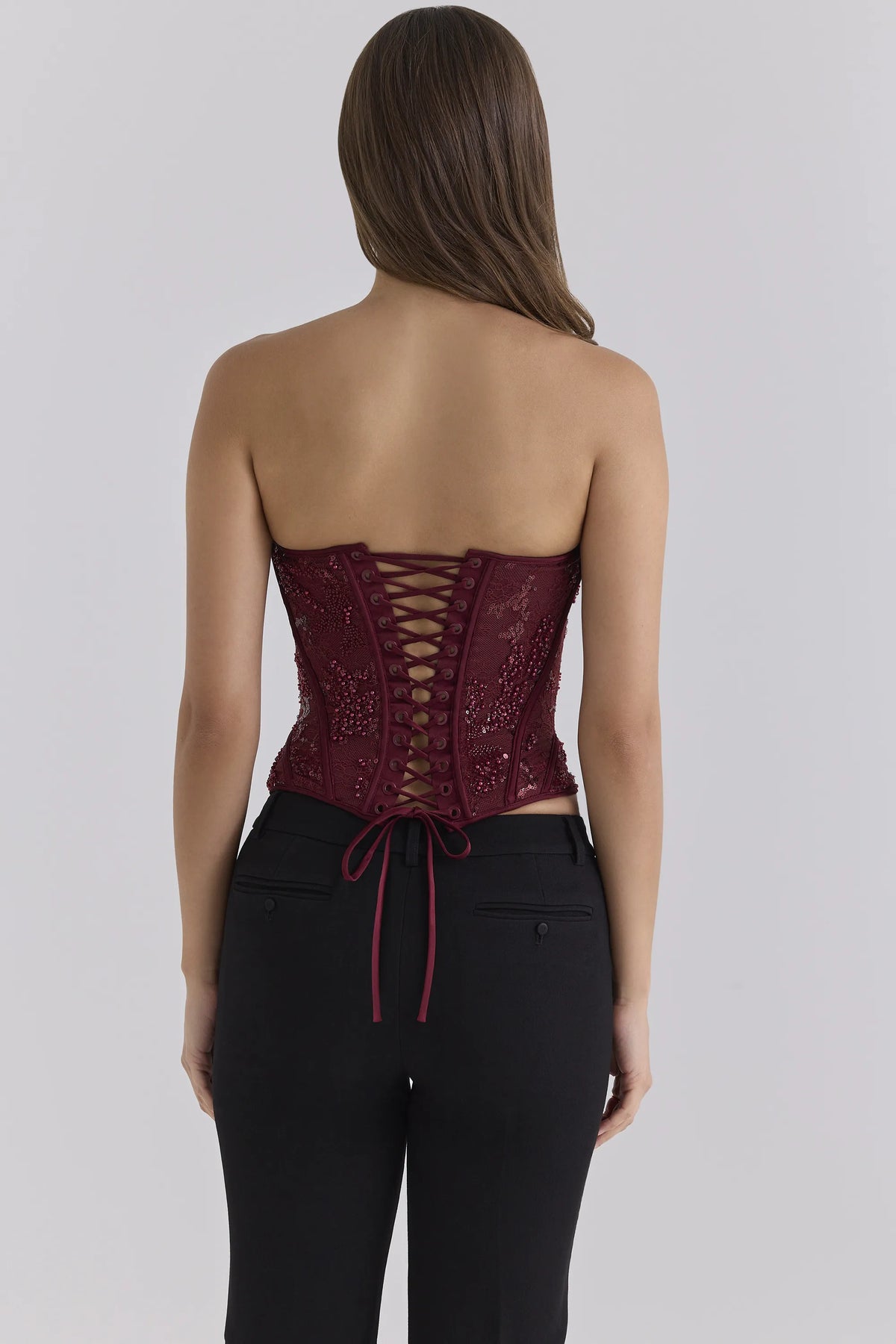 Calliope Cabernet Embellished Lace Corset Top