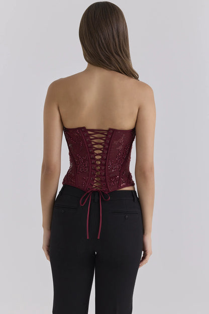 Calliope Cabernet Embellished Lace Corset Top