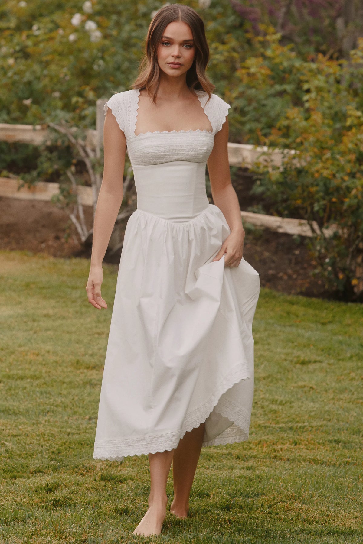 Fiorella White Cotton Broderie Anglaise Trim Midi Sundress