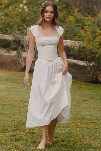 Fiorella White Cotton Broderie Anglaise Trim Midi Sundress