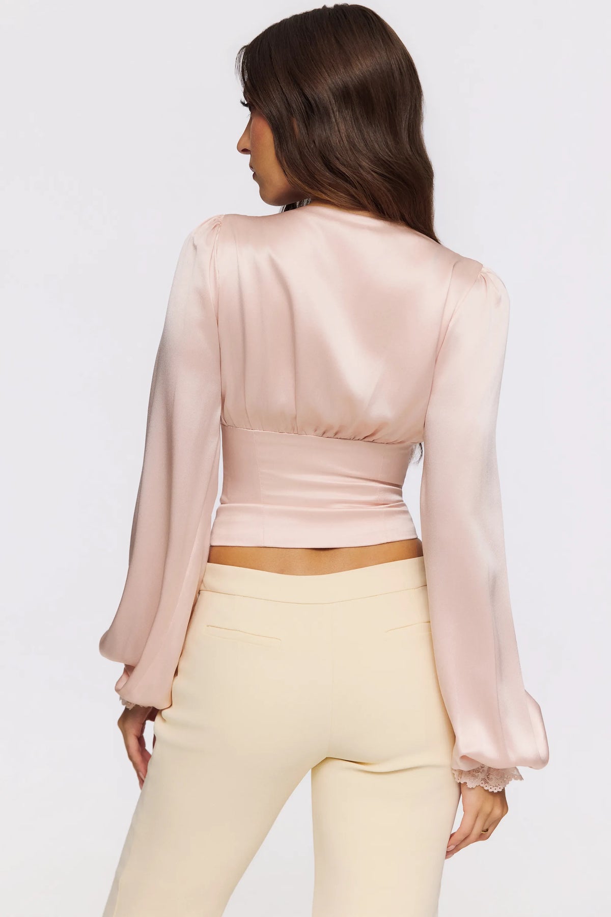 Luciana Pink Real Silk Long Sleeve Lace Trim Top