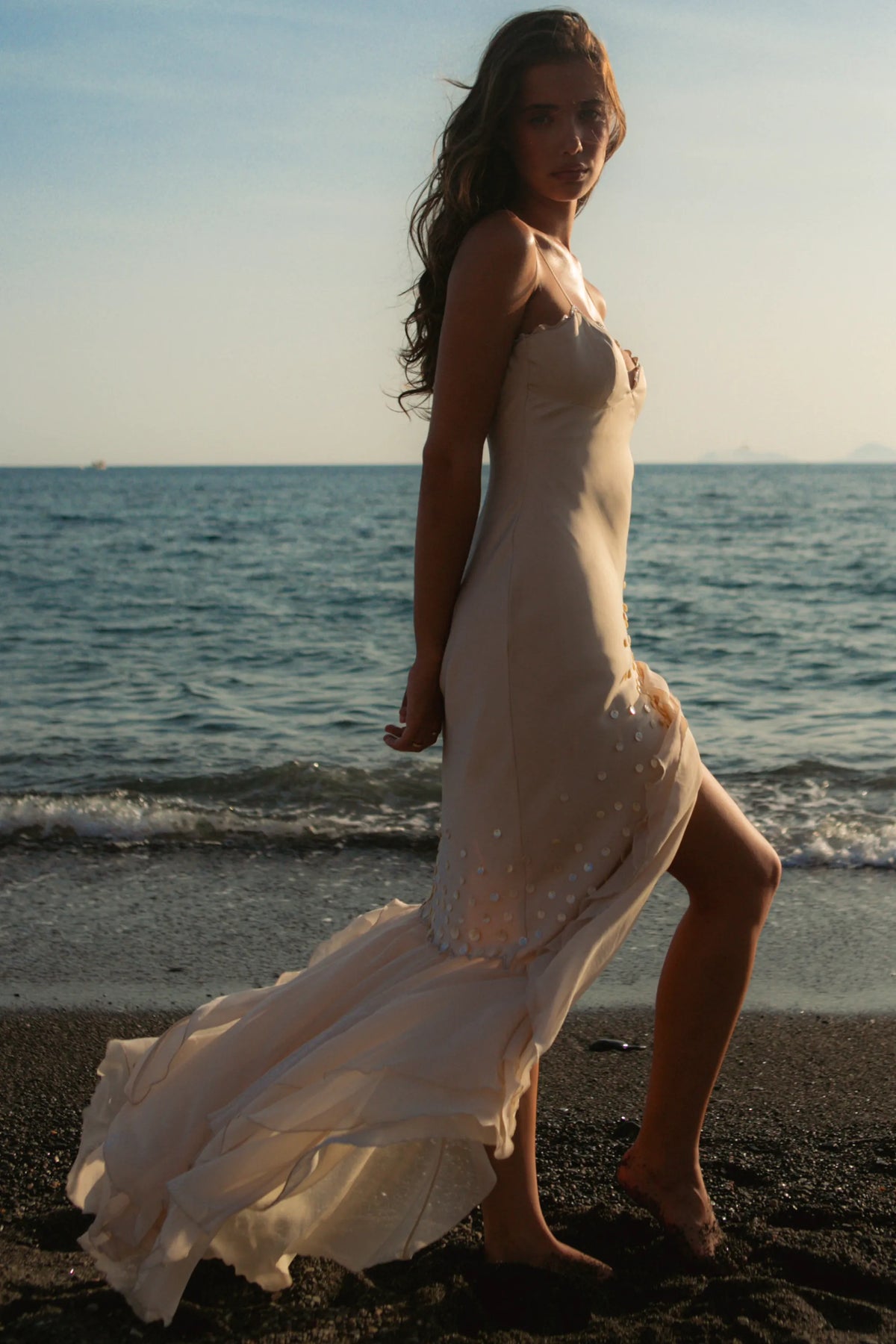 Santana Almond Georgette Hand Beaded Shell Embellished Maxi Dress - Limited Edition