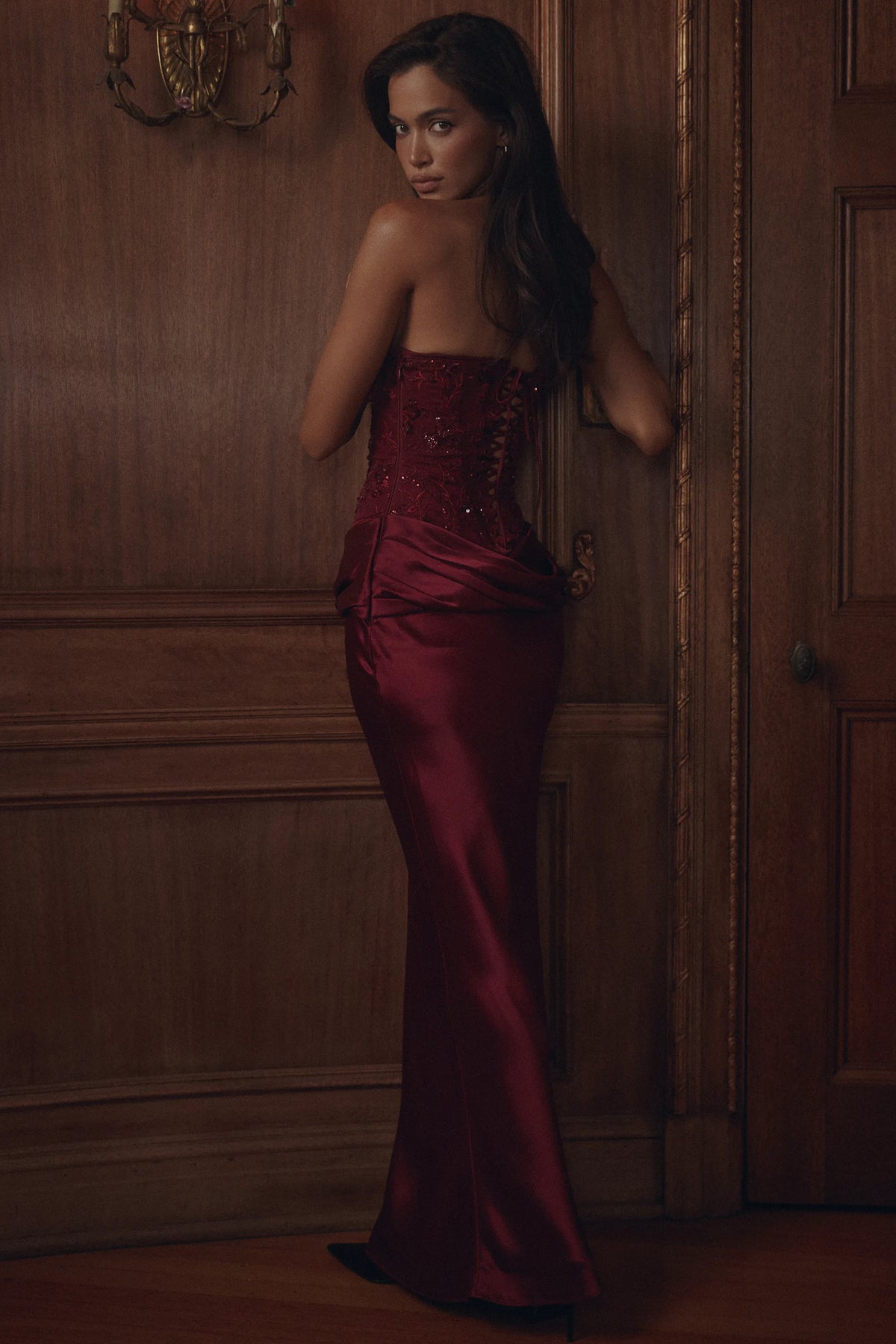 Samina Cabernet Embellished Tulle + Satin Strapless Maxi Dress