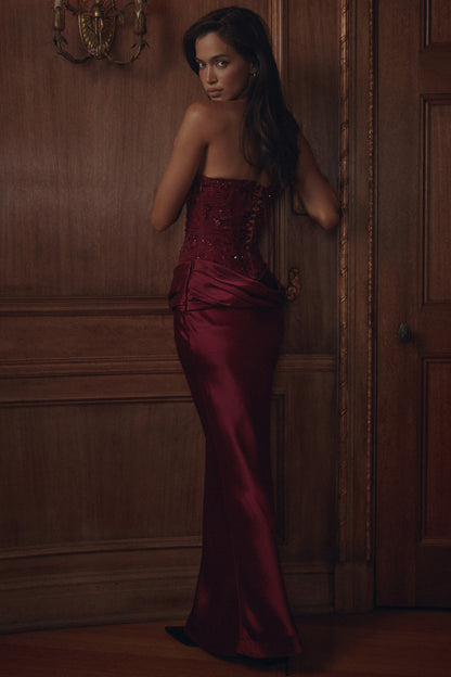 Samina Cabernet Embellished Tulle + Satin Strapless Maxi Dress