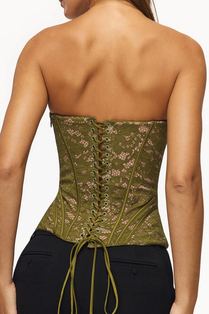 Solaine Olive Floral Lace Boned Corset Top