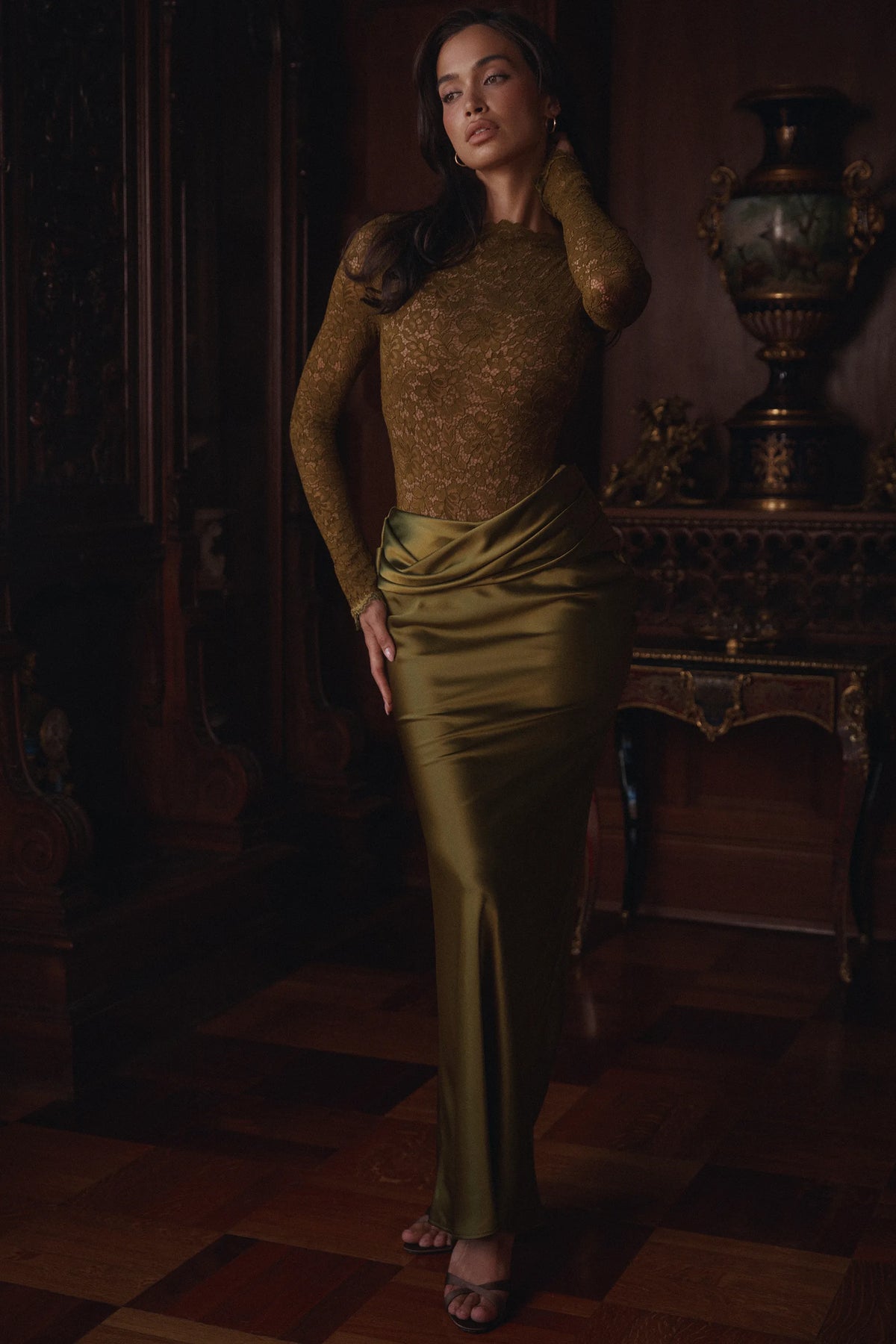 Yasmeen Olive Lace + Satin Long Sleeved Maxi Dress