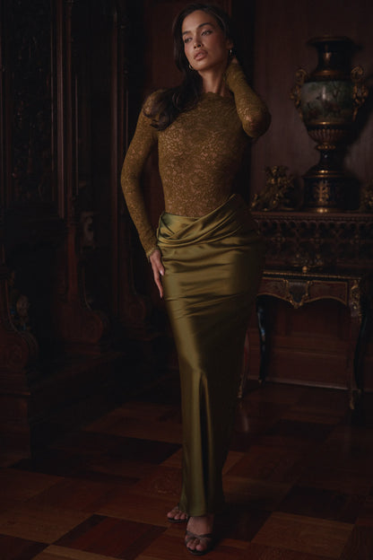 Yasmeen Olive Lace + Satin Long Sleeved Maxi Dress
