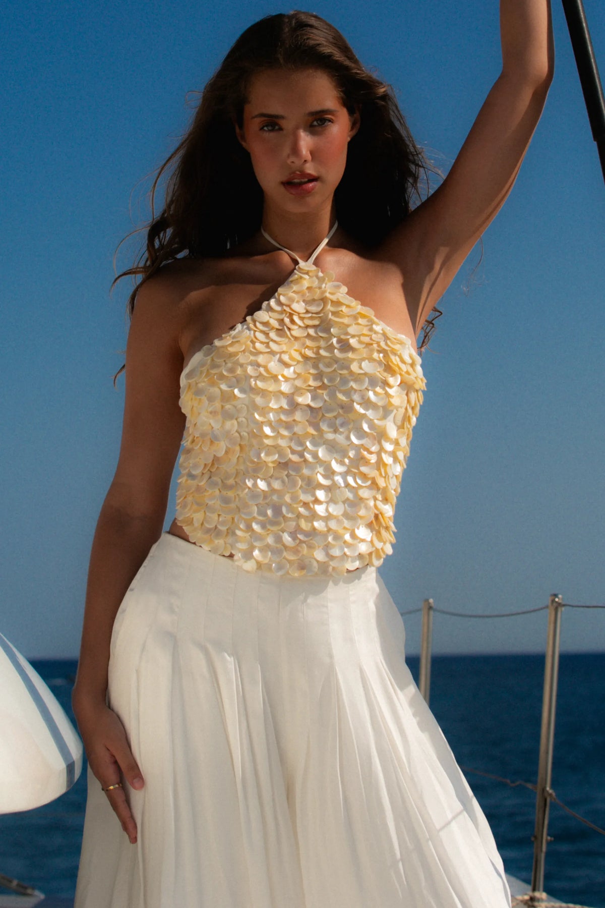 Zina Ivory Georgette Hand Beaded Shell Embellished Halter Neck Top - Limited Edition
