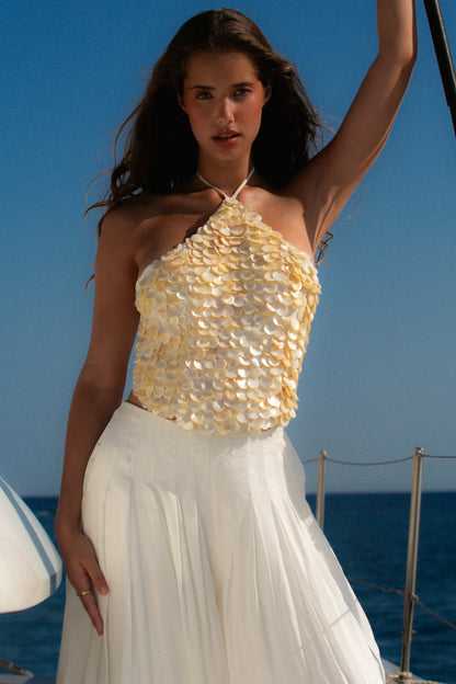 Zina Ivory Georgette Hand Beaded Shell Embellished Halter Neck Top - Limited Edition