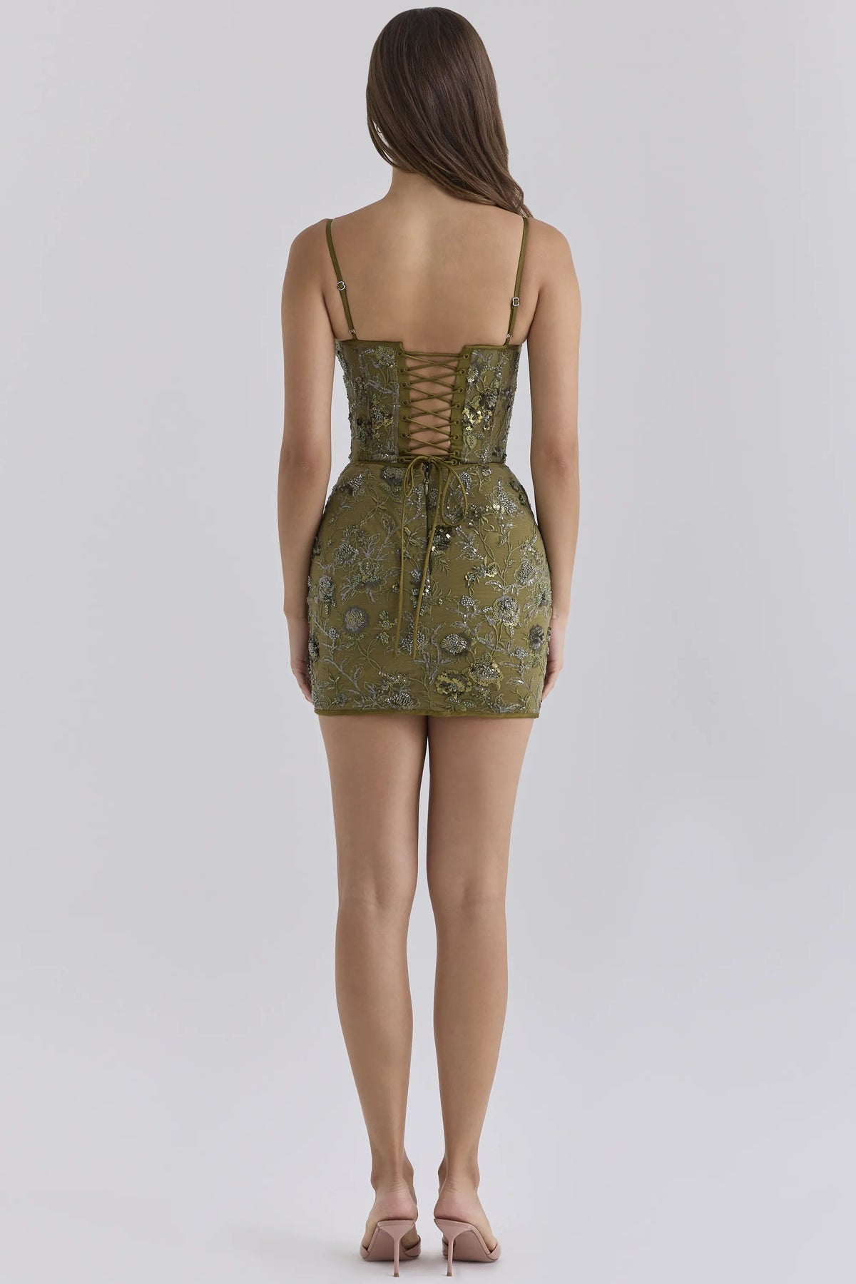 Naima Olive Hand Beaded Embellished Corset Mini Dress