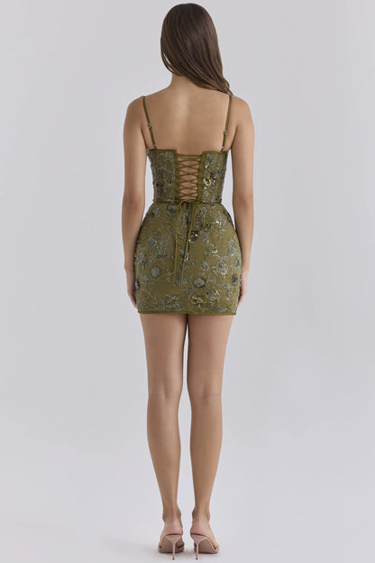 Naima Olive Hand Beaded Embellished Corset Mini Dress