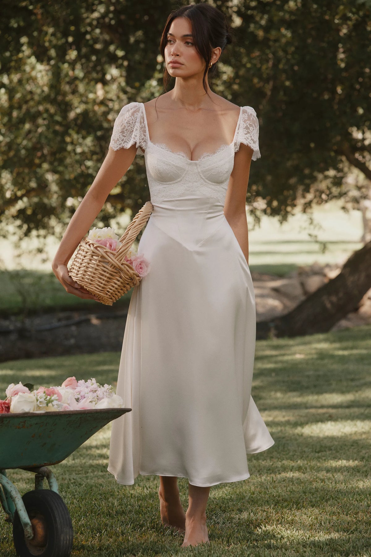 Selena White Satin + Lace Midi Dress