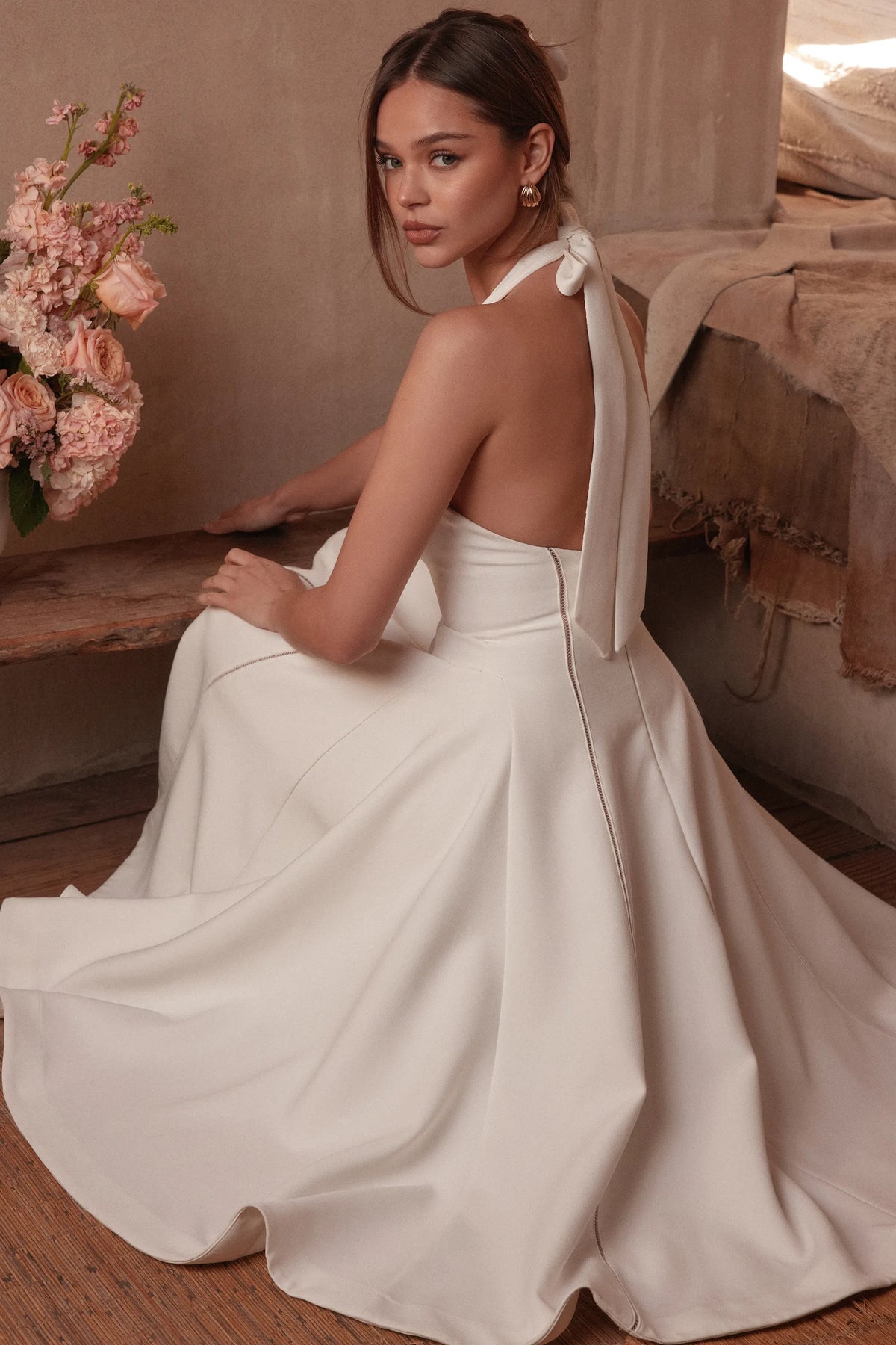 Loulou Ivory Halter Neck Midi Dress