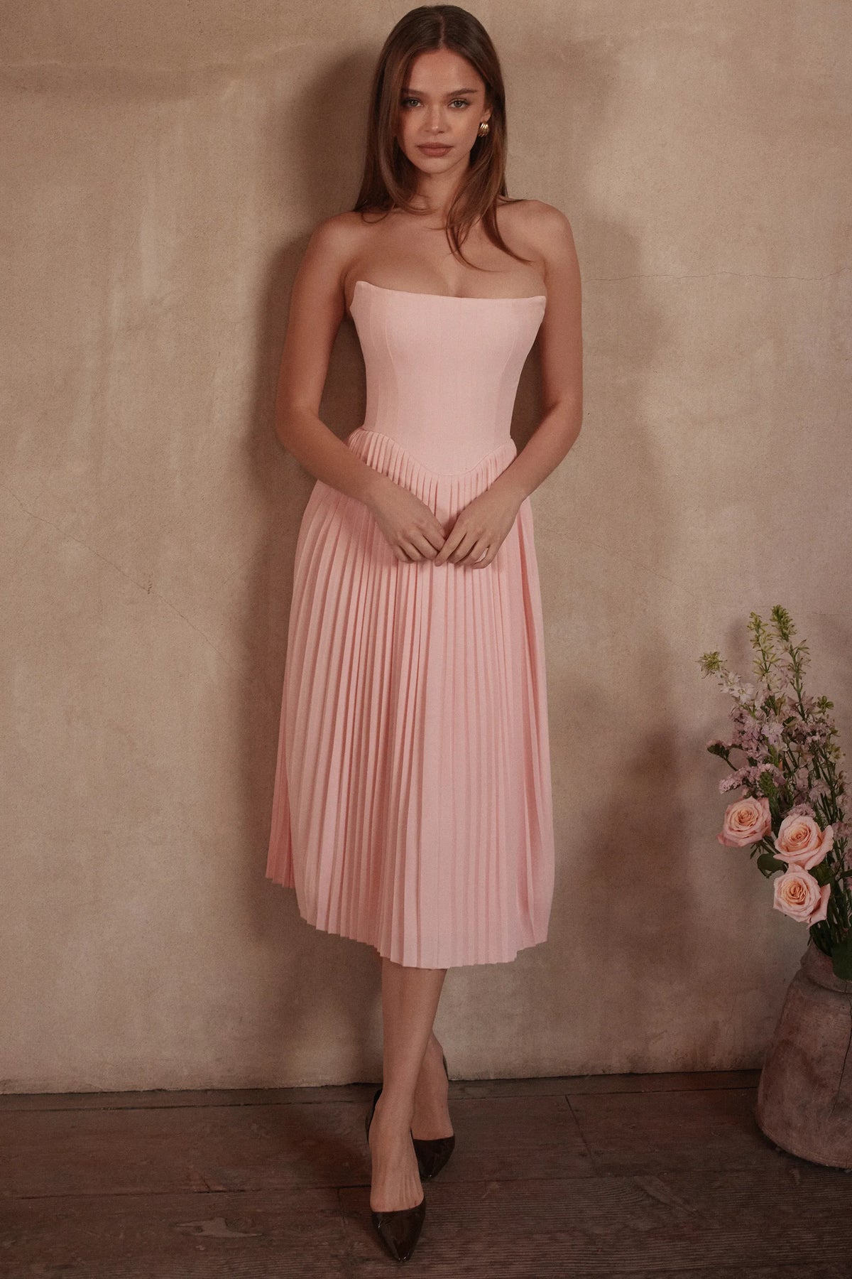Marci Pink Pleated Midi Corset Dress