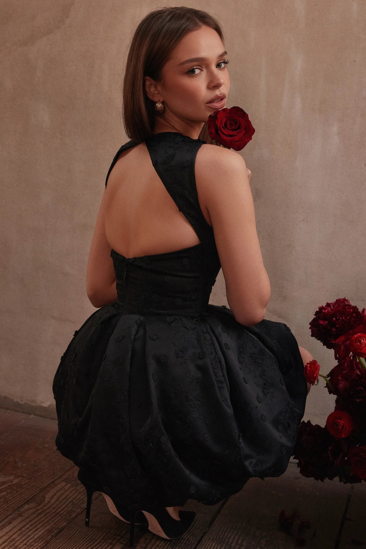 Melika Black Backless Embroidered Mini Puffball Dress