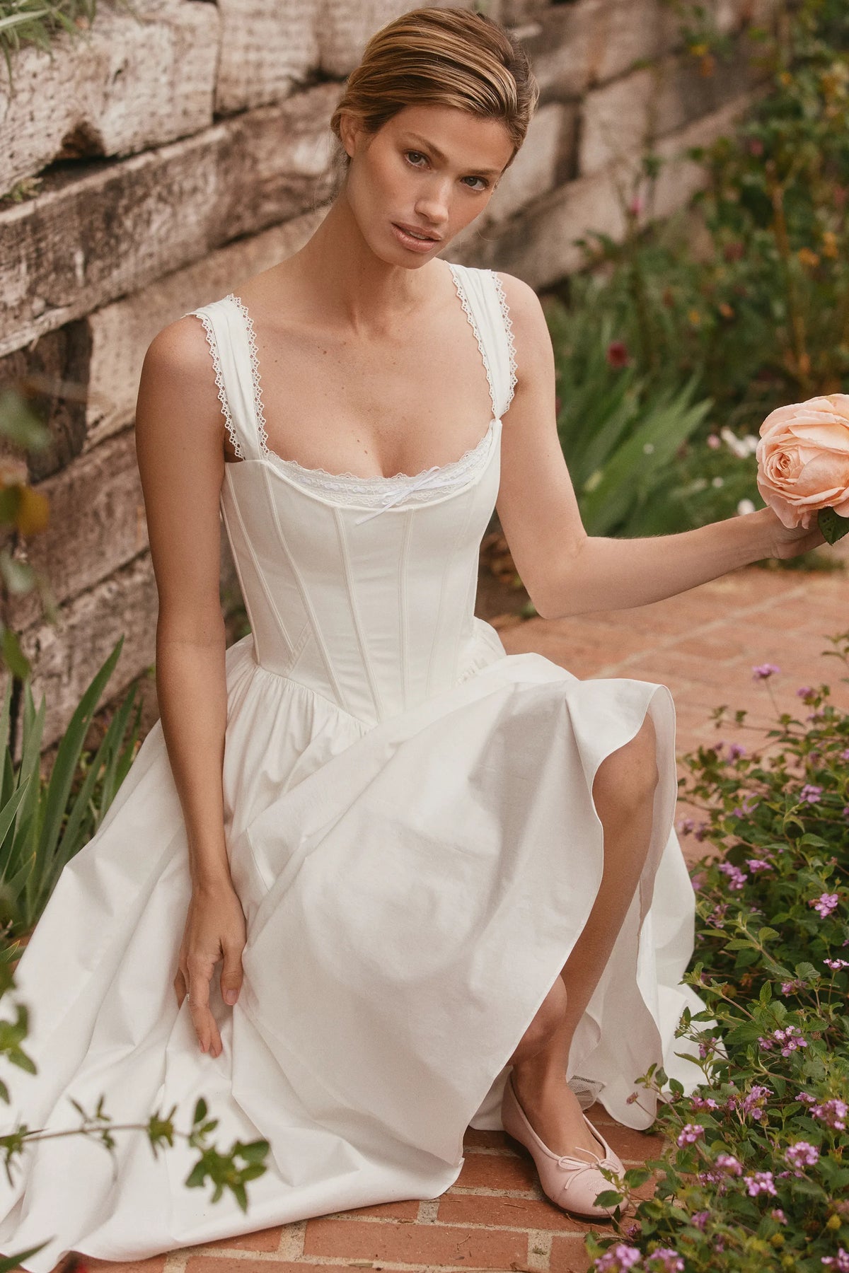 Amara White Stretch Cotton Corset Midi Dress