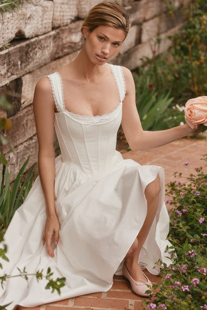Amara White Stretch Cotton Corset Midi Dress