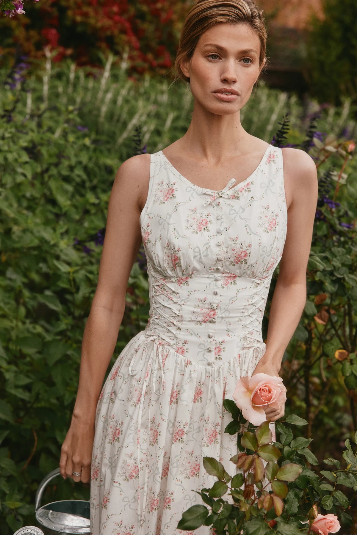 Sienna Rose Print Stretch Cotton Lace Up Midi Dress