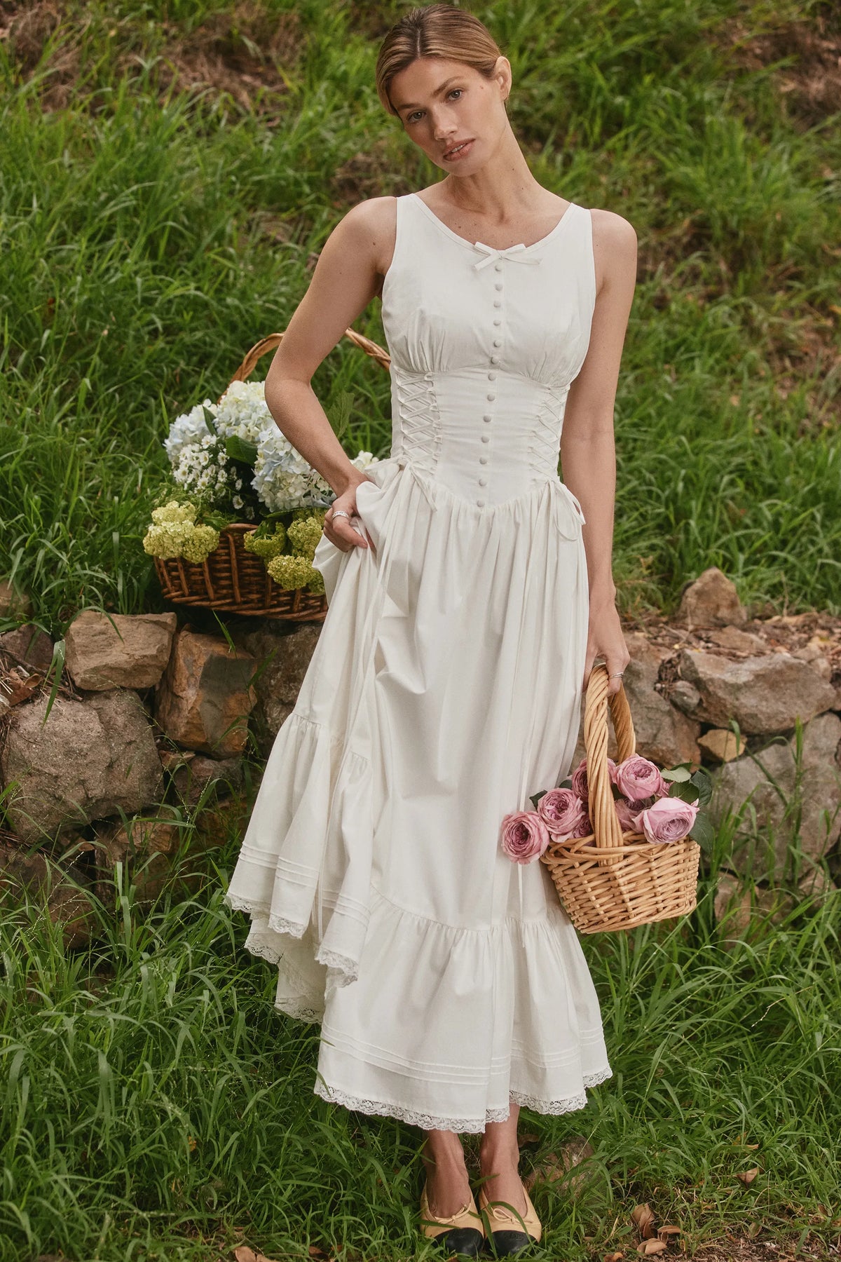 Sienna White Stretch Cotton Lace Up Midi Dress