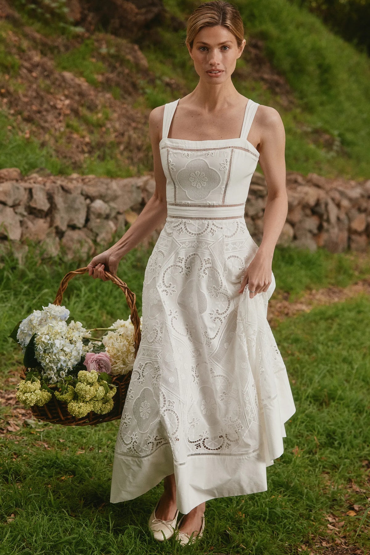 Ava White Stretch Cotton Broderie Anglaise Midi Dress