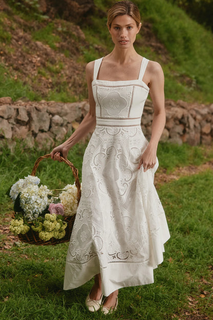 Ava White Stretch Cotton Broderie Anglaise Midi Dress
