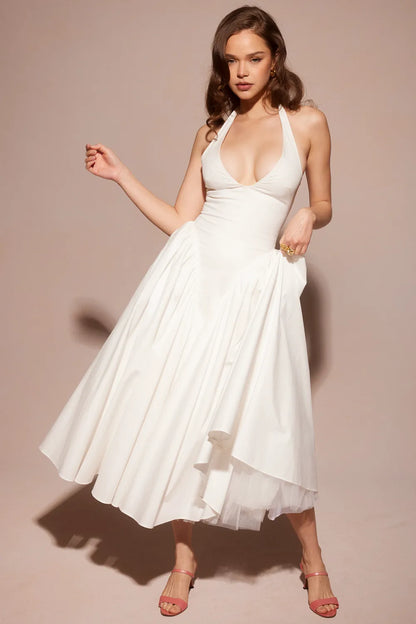 Marilyn White Cotton Halter Midi Sundress