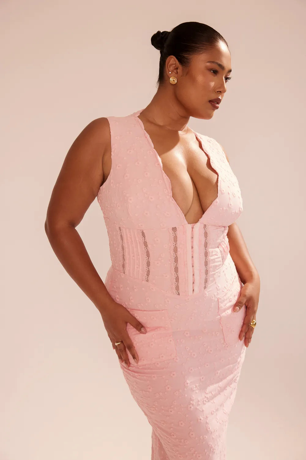 Sophina Perfectly Pink Broderie Anglais Plunge Maxi Dress