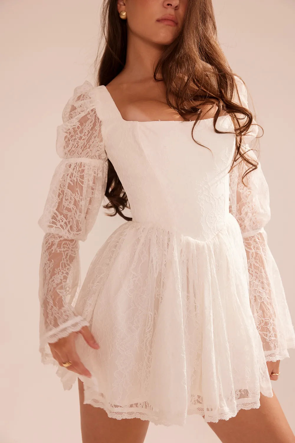 Sancia White Lace Puff Sleeve Mini Dress