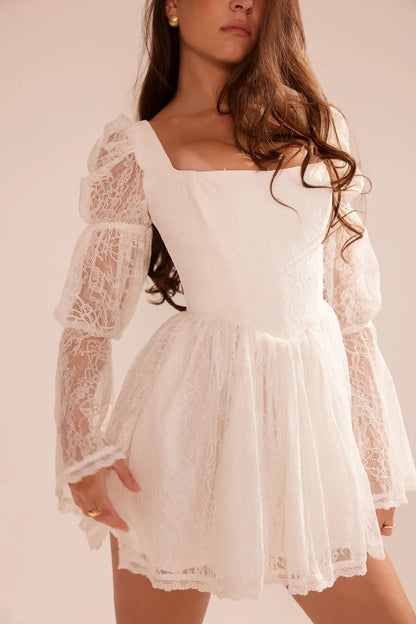 Sancia White Lace Puff Sleeve Mini Dress