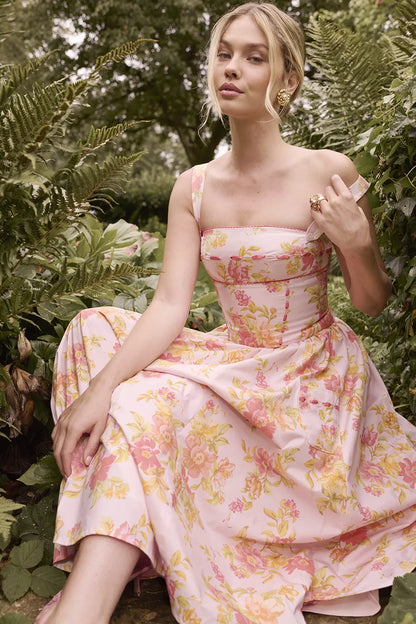 Vivien Peach Poppy Print Cotton Midi Sundress