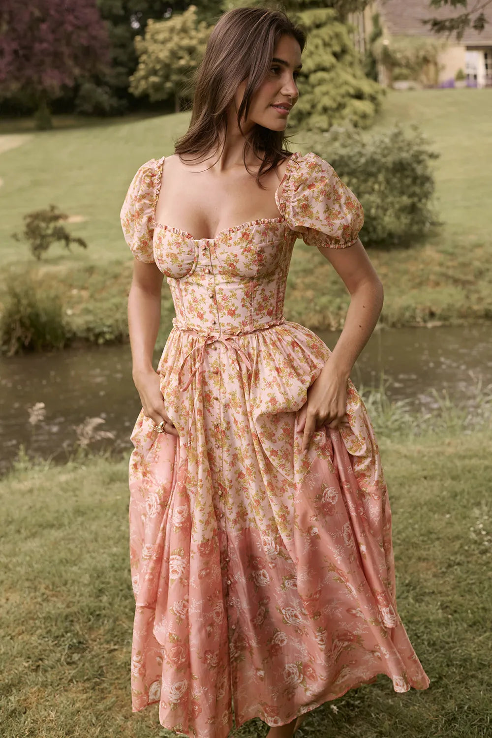 Penelope Peach Poppy Print Puff Sleeve Midi Sundress
