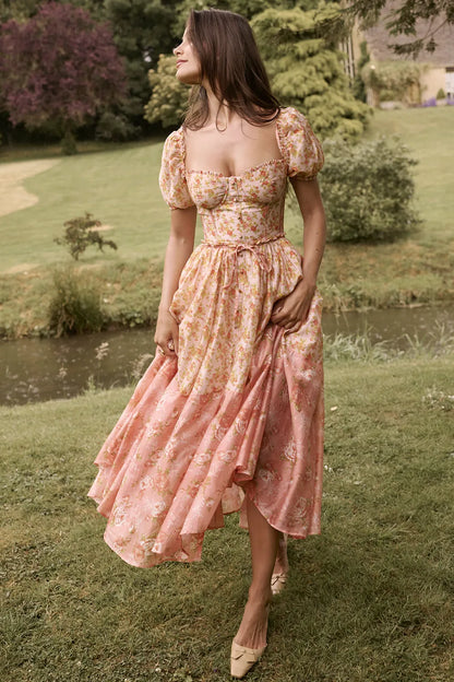 Penelope Peach Poppy Print Puff Sleeve Midi Sundress
