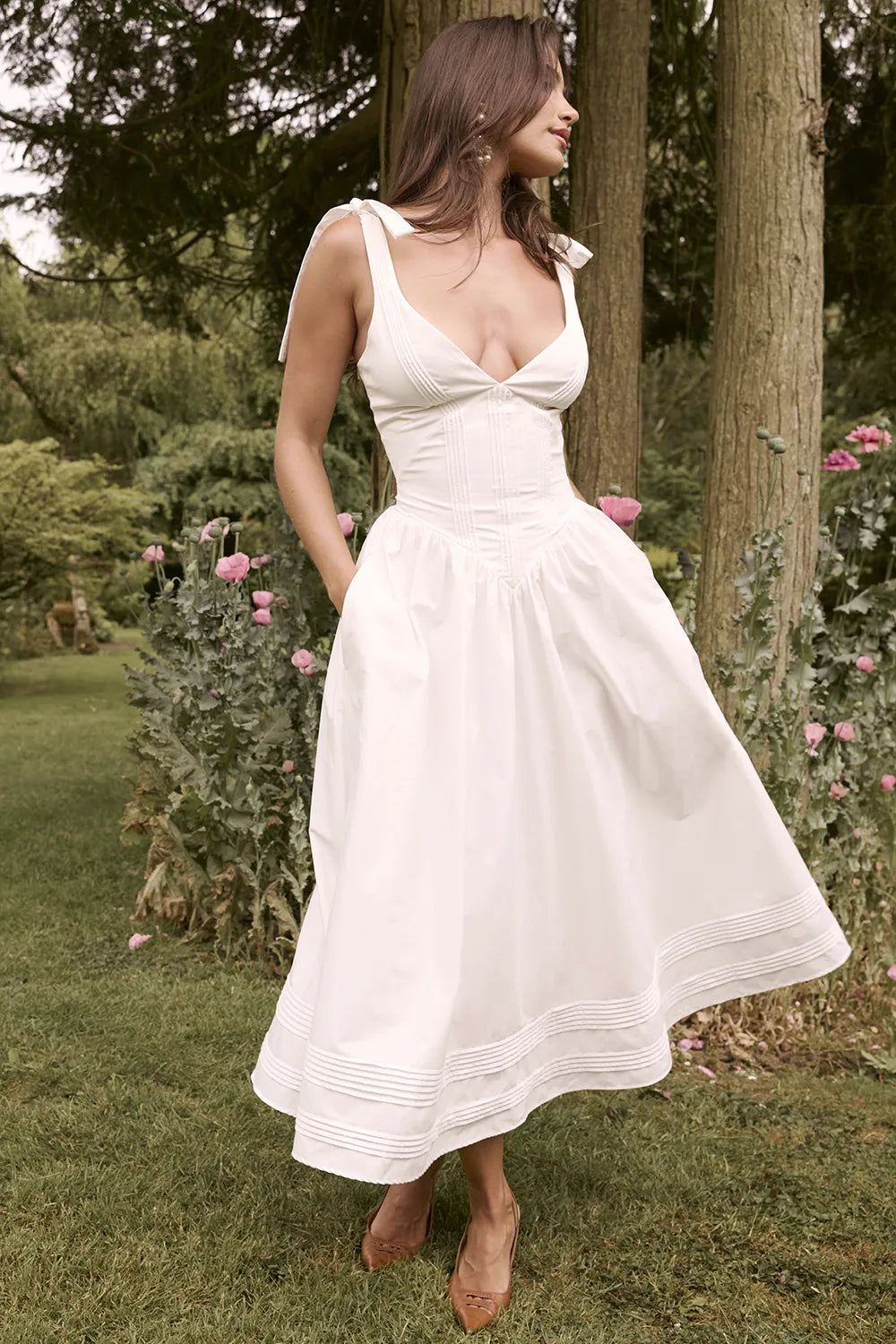 Hattie White Pin Tuck Cotton Midi Sundress
