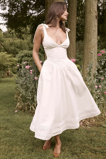 Hattie White Pin Tuck Cotton Midi Sundress