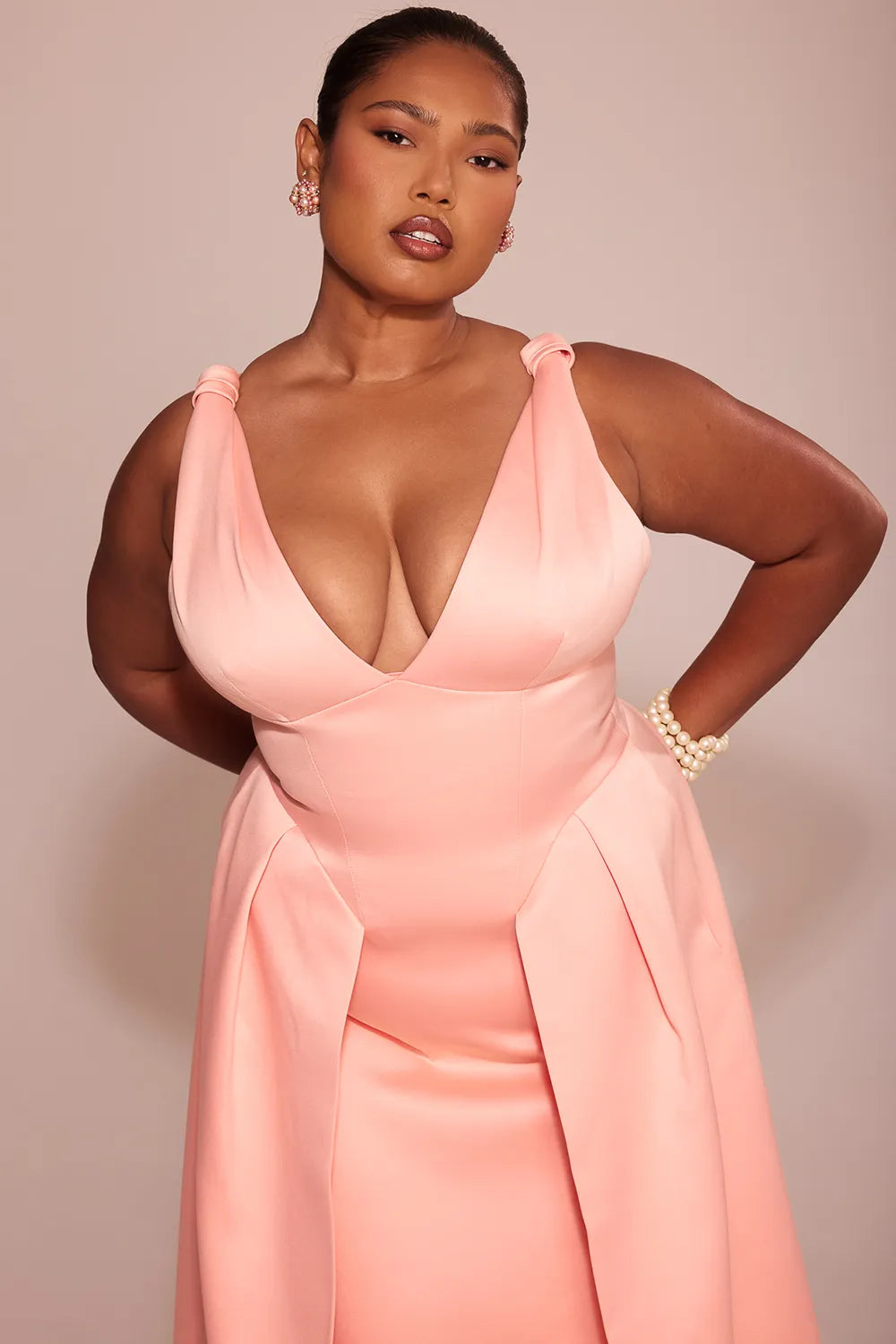 Paloma Peach Satin Pleated Midi Dress