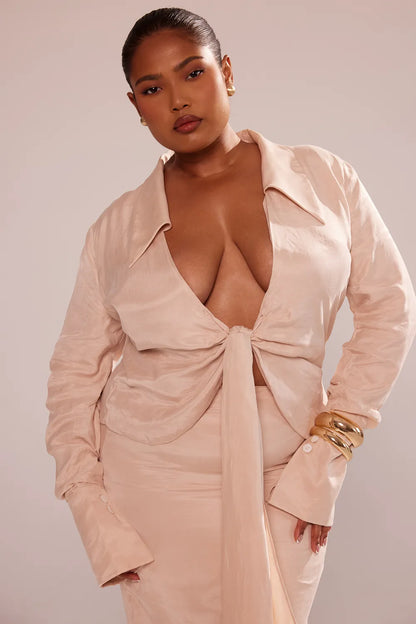 Nevaeh Almond Plunge Shirt Midi Dress