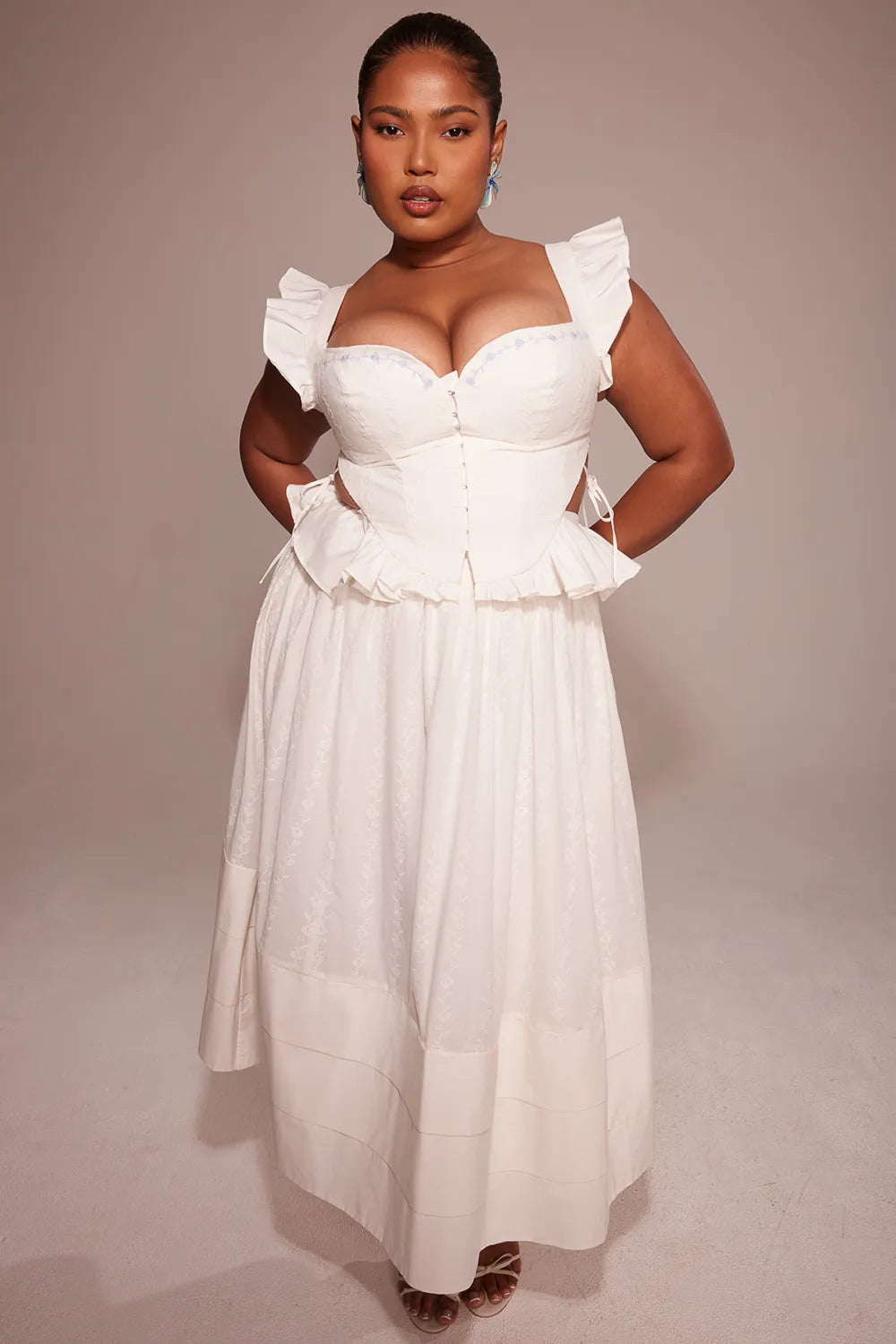 Augustine White Embroidered Cotton Midi Skirt