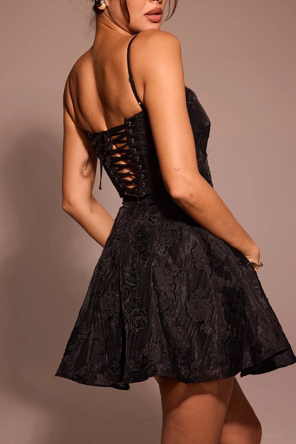 Serenita Black Floral Lace Back Mini Dress