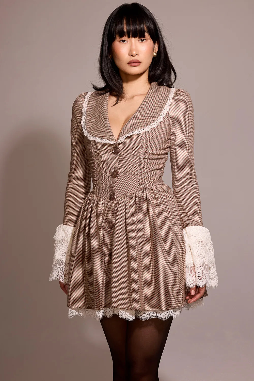 Sable Brown Puppytooth Check Mini Dress