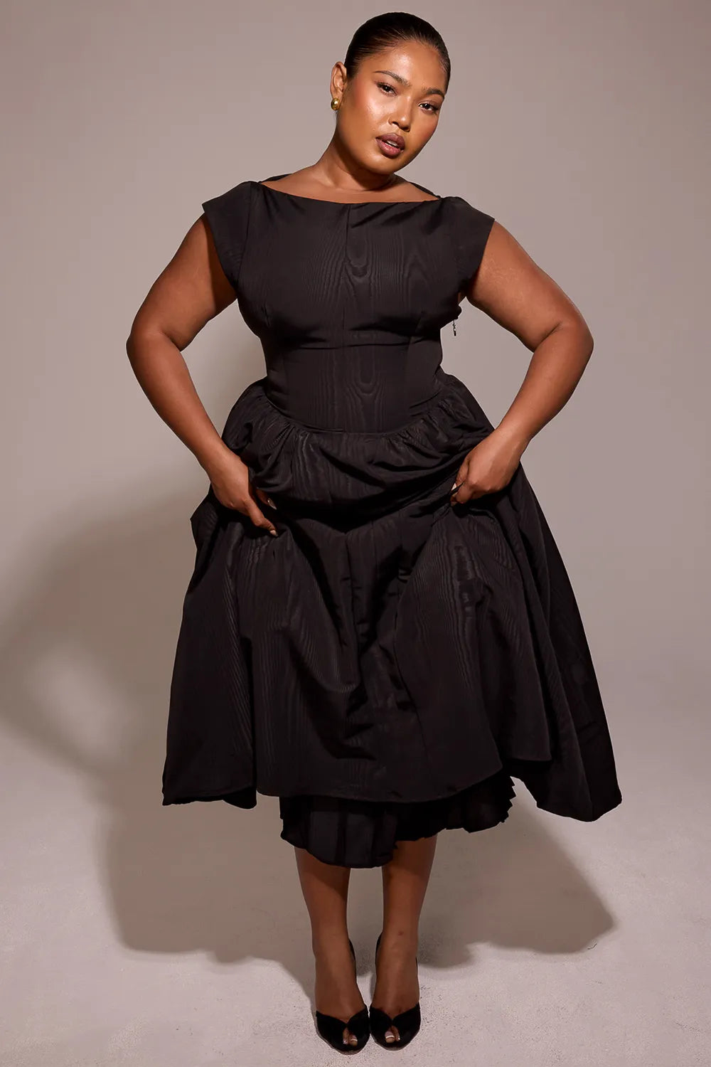 Debutante Black Moire Satin Backless Midi Dress