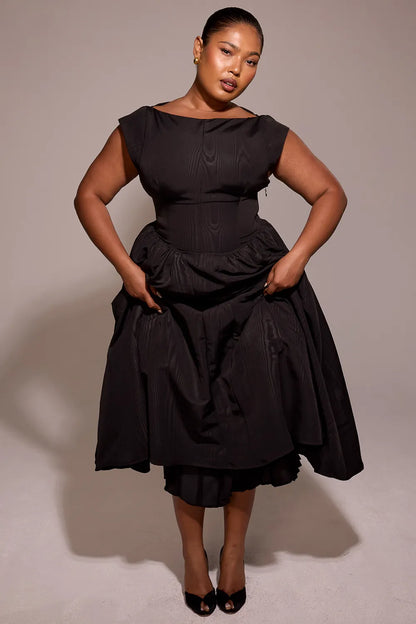 Debutante Black Moire Satin Backless Midi Dress