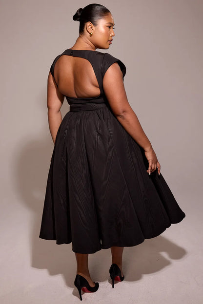 Debutante Black Moire Satin Backless Midi Dress