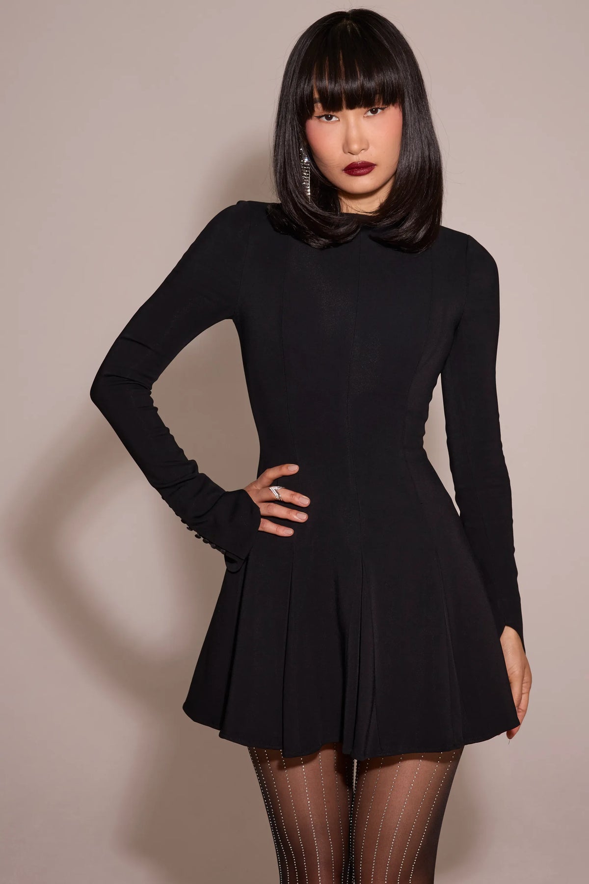 Francesca Black Stretch Crepe Godet Mini Dress