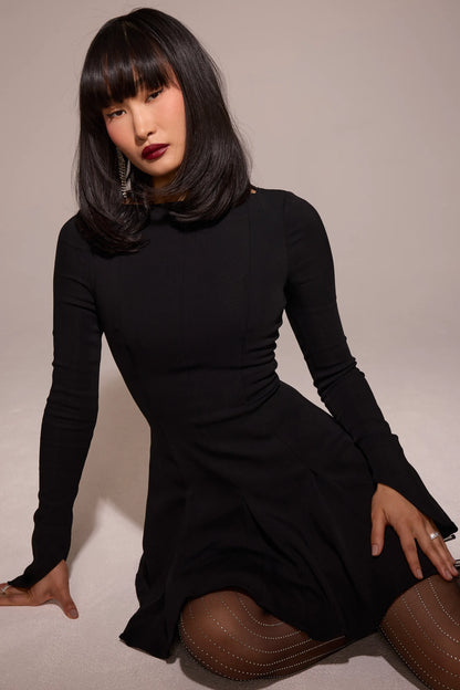 Francesca Black Stretch Crepe Godet Mini Dress