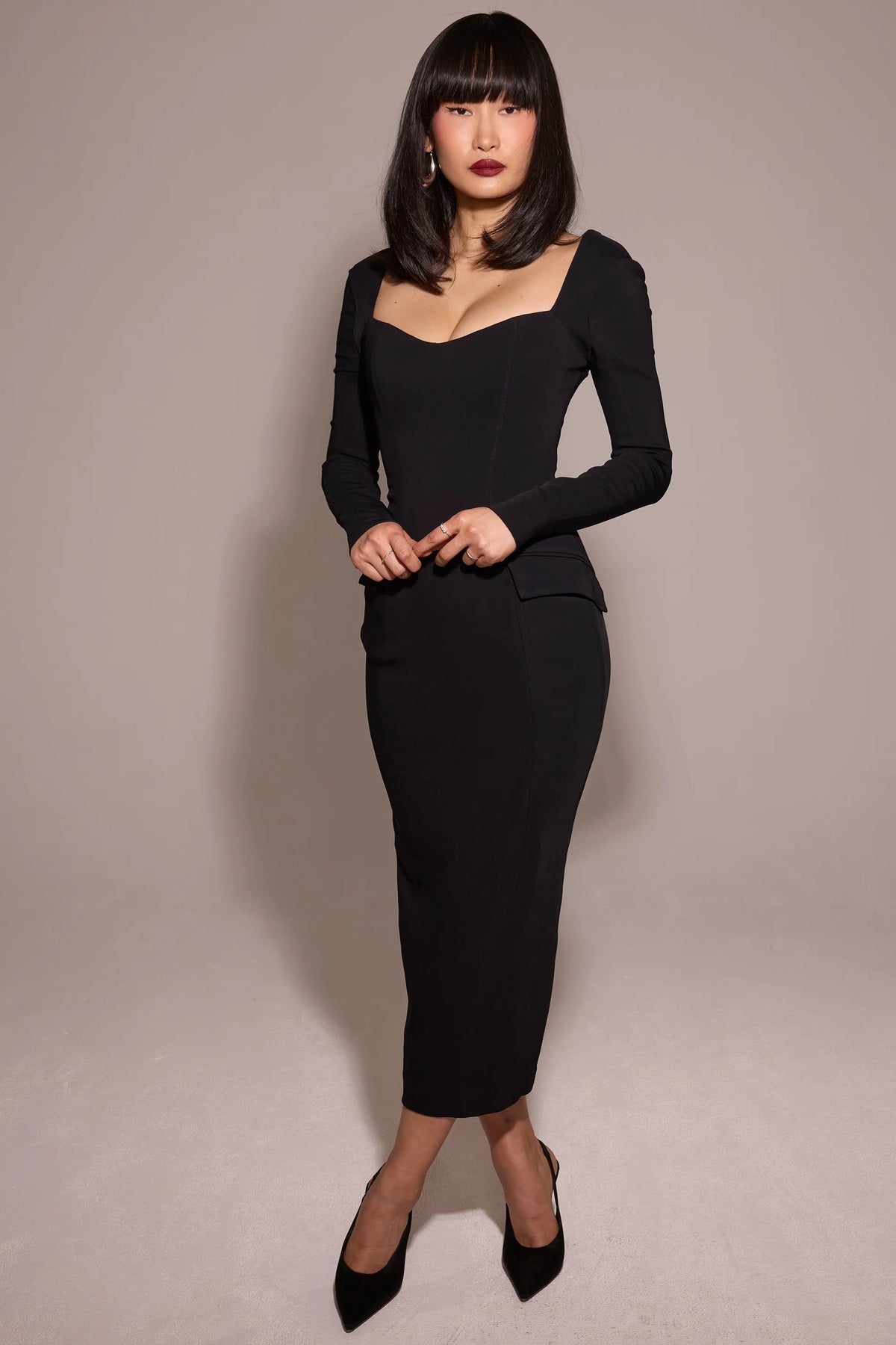 Ella Black Stretch Crepe Long Sleeve Midi Dress
