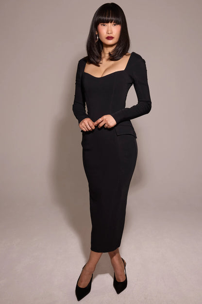 Ella Black Stretch Crepe Long Sleeve Midi Dress