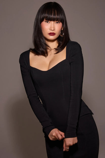 Ella Black Stretch Crepe Long Sleeve Midi Dress