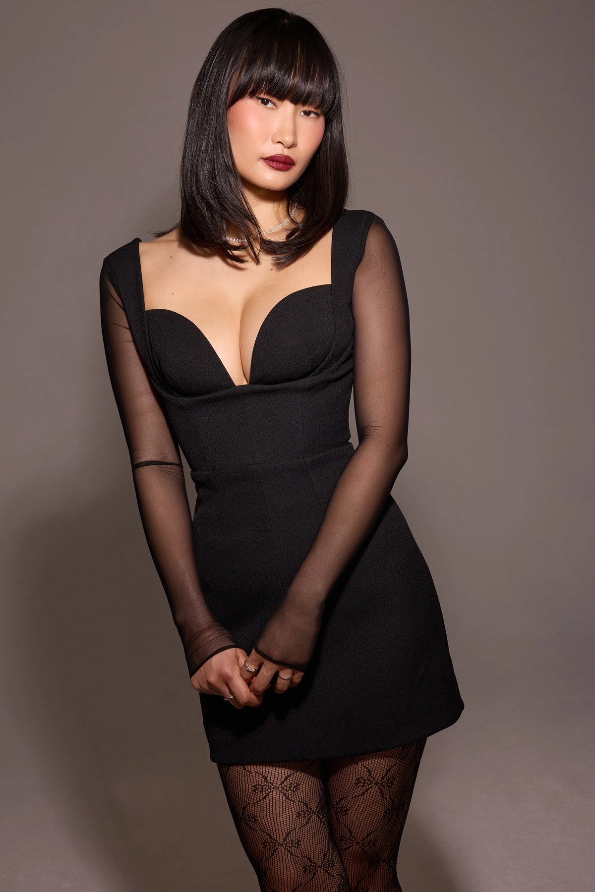 Angelie Black Stretch Crepe Plunge Mini Dress